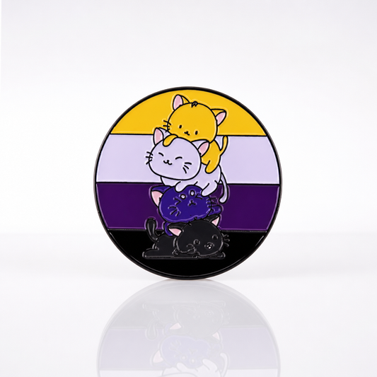 Nonbinary Pride Cats enamel pin featuring stacked cartoon cats in nonbinary flag colors
