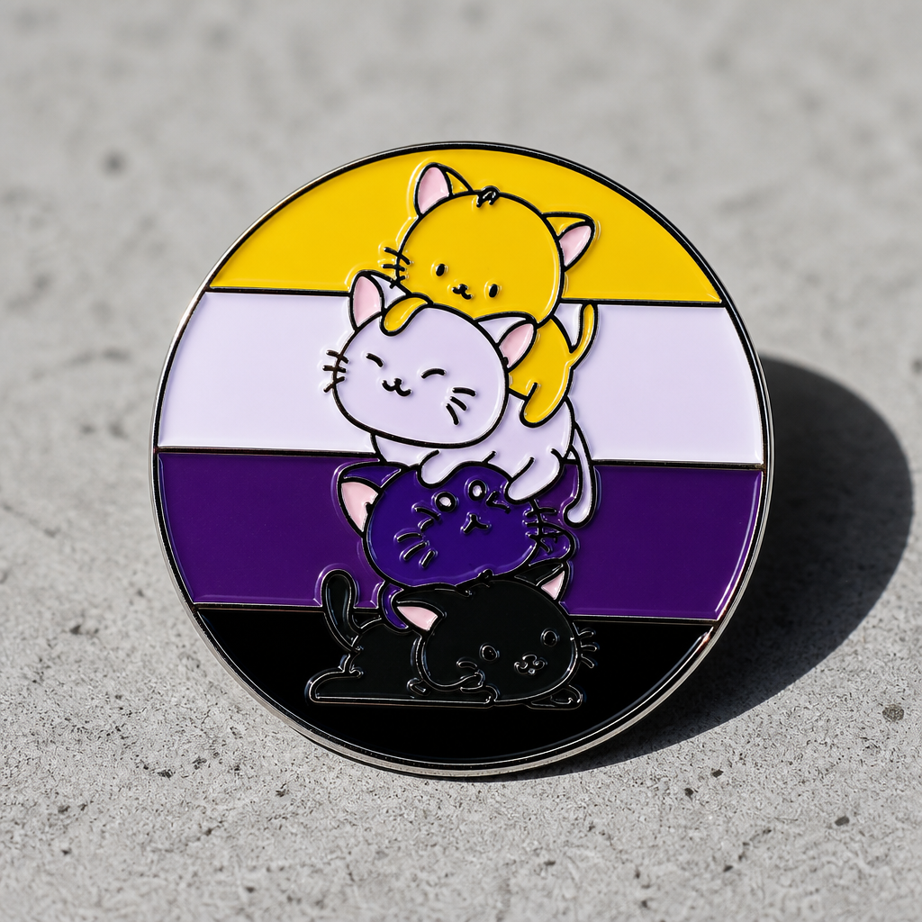 Nonbinary Pride Cats enamel pin featuring stacked cartoon cats in nonbinary flag colors on a concrete surface