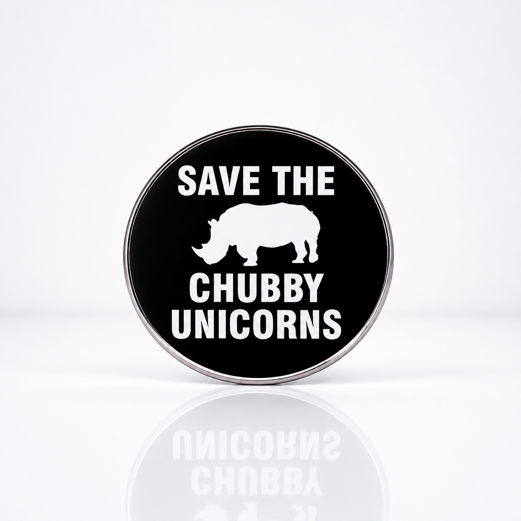Black and white Save the Chubby Unicorns rhino enamel pin with rhinoceros silhouette