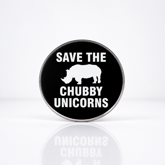 Black and white Save the Chubby Unicorns rhino enamel pin with rhinoceros silhouette