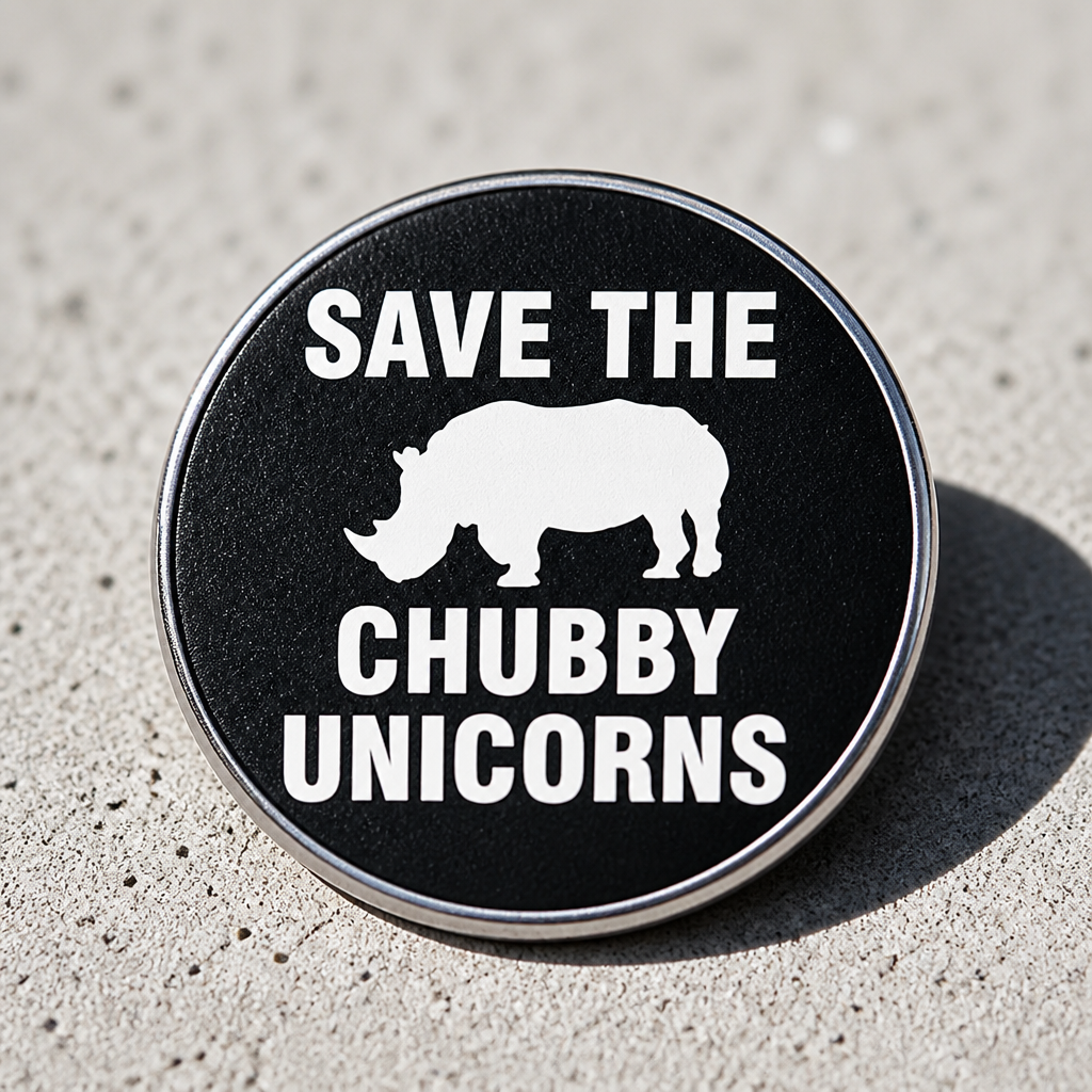 Black and white Save the Chubby Unicorns rhino enamel pin with rhinoceros silhouette on a concrete surface