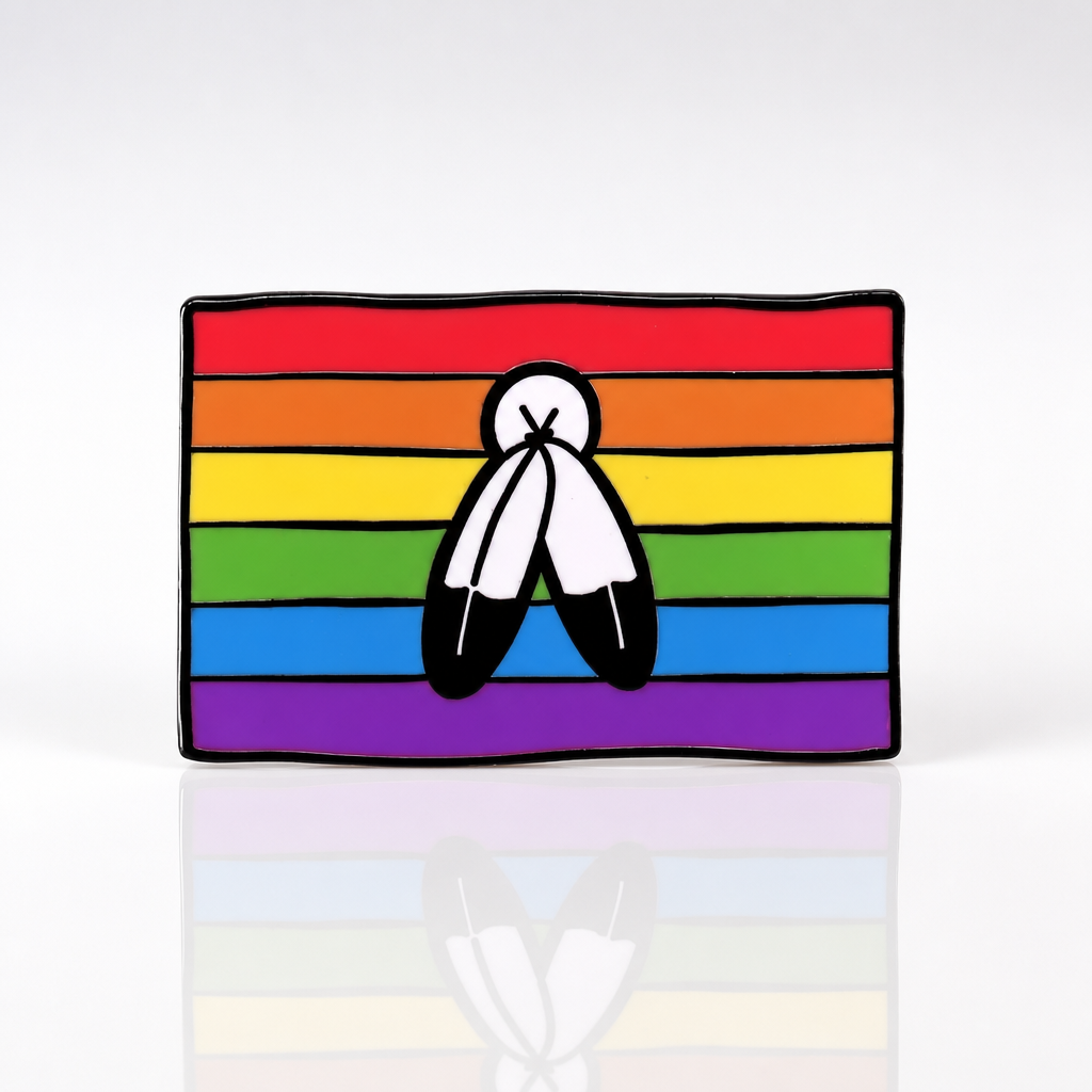 Two-Spirit Pride Flag enamel pin with rainbow stripes and symbolic feather design