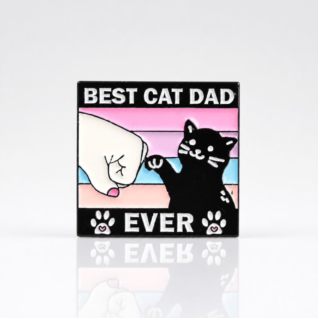 Best Cat Dad Ever enamel pin featuring black cat and pastel fist-bump design