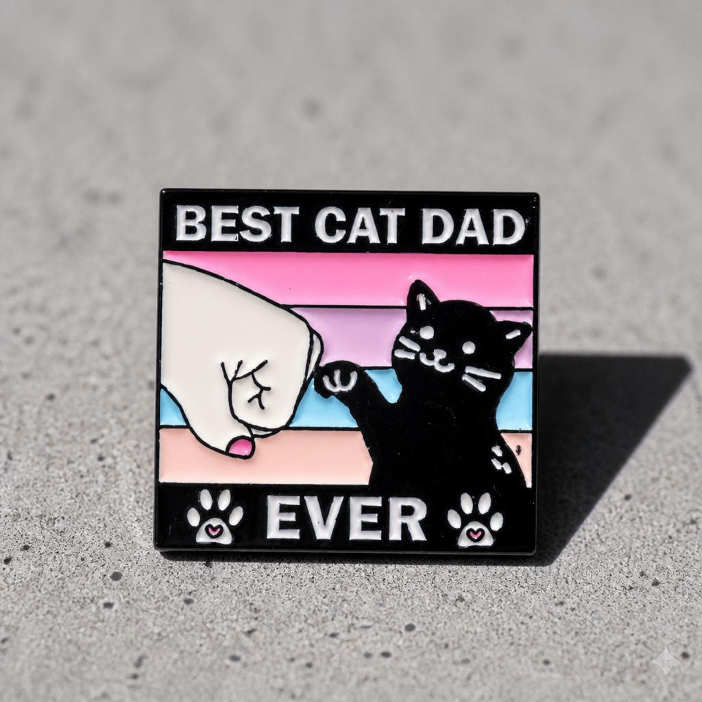 Best Cat Dad Ever enamel pin featuring black cat and pastel fist-bump design on a concrete surface