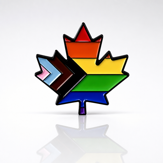 Rainbow maple leaf enamel pin featuring Progress Pride flag colors