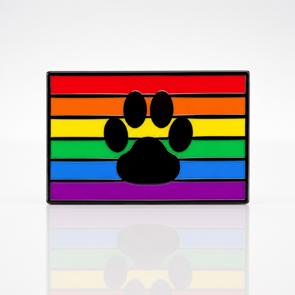 Rainbow Paw Pride enamel pin with black paw print over classic rainbow Pride flag colors 