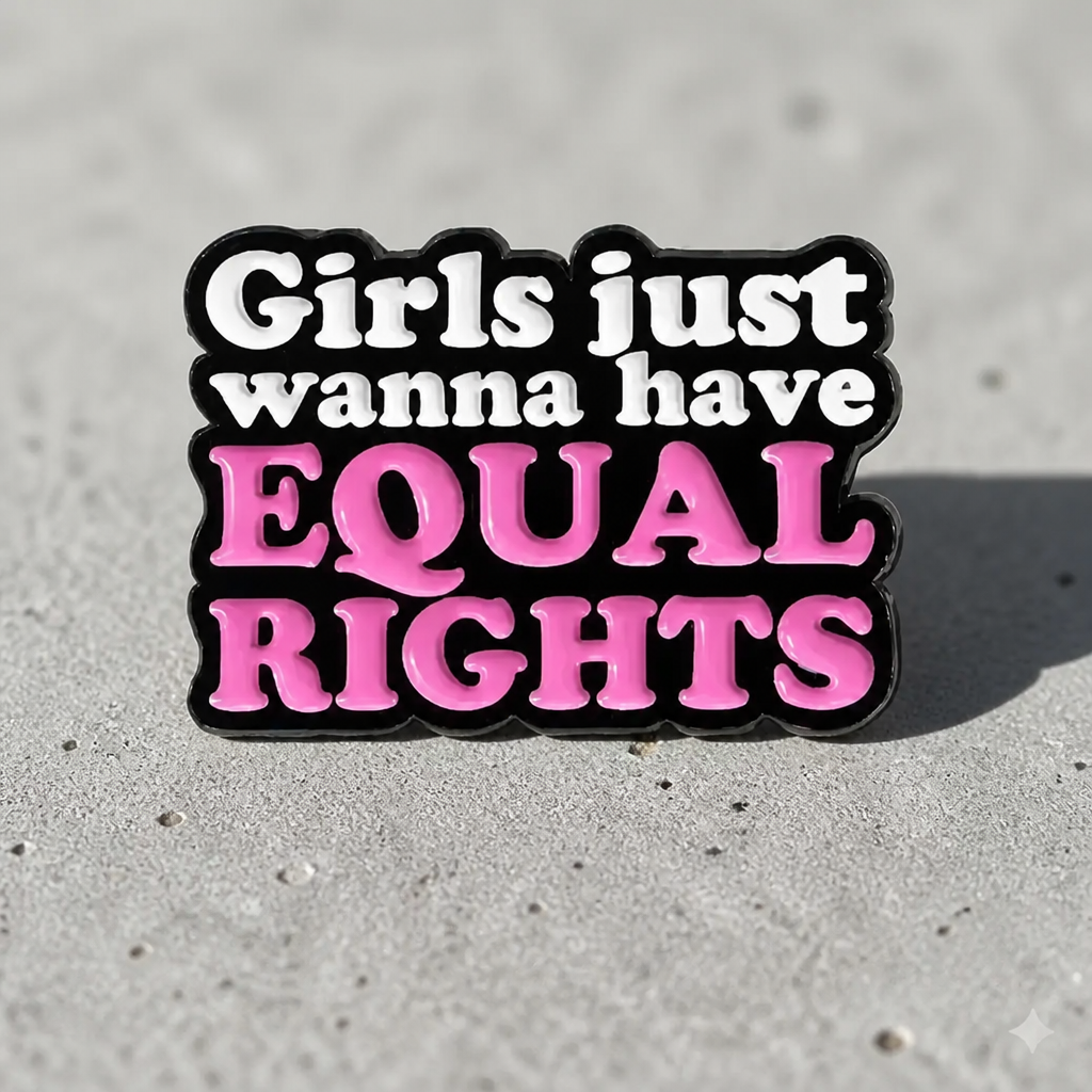 Pink and black enamel pin reading “Girls Just Wanna Have Equal Rights” on a concrete surface