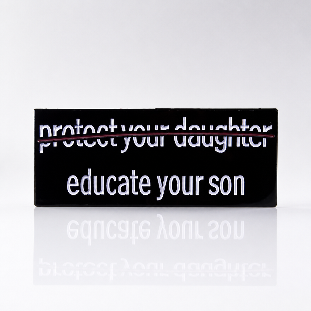 Educate Your Son enamel pin with minimalist feminist statement typography design