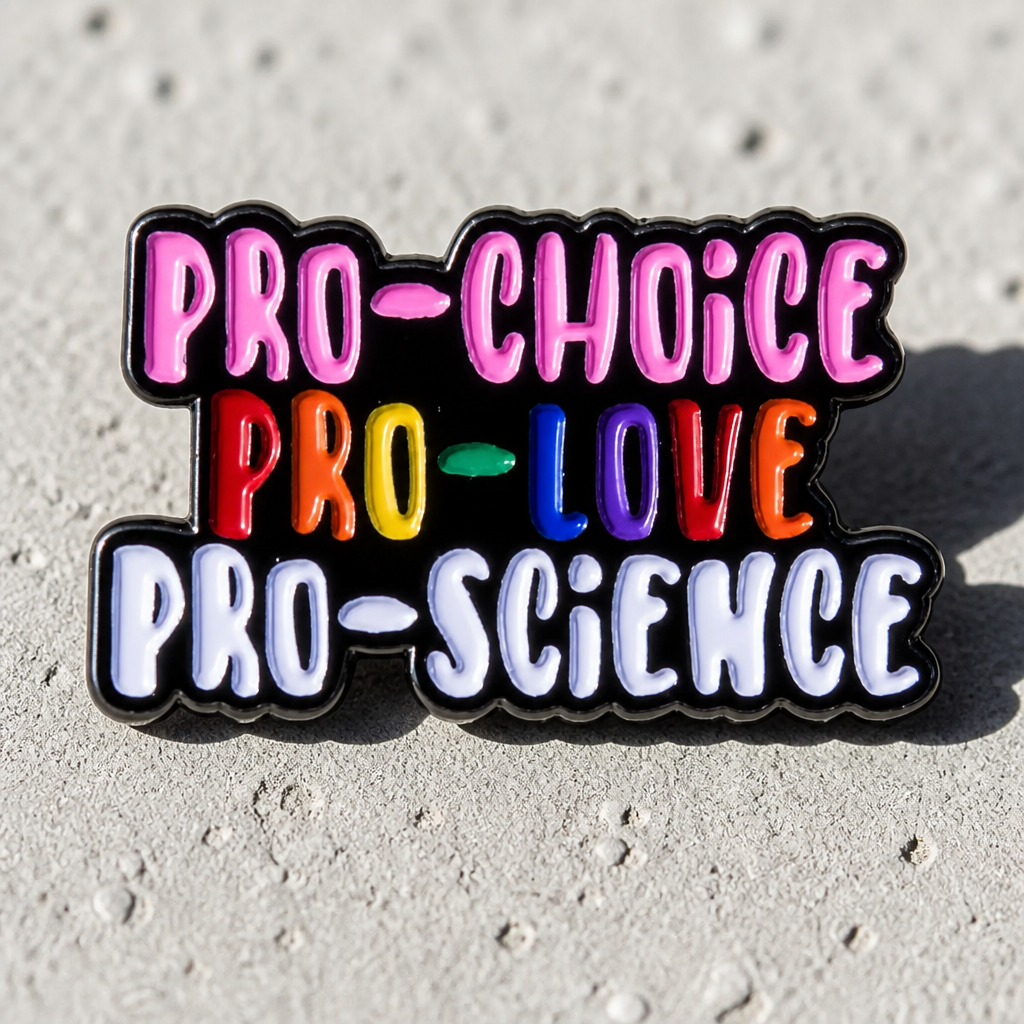 Pro-Choice Pro-Love Pro-Science enamel pin with colorful progressive statement lettering on a concrete surface