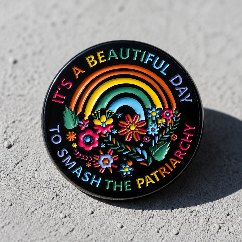 It’s A Beautiful Day To Smash The Patriarchy enamel pin with rainbow floral activist design on a concrete surface