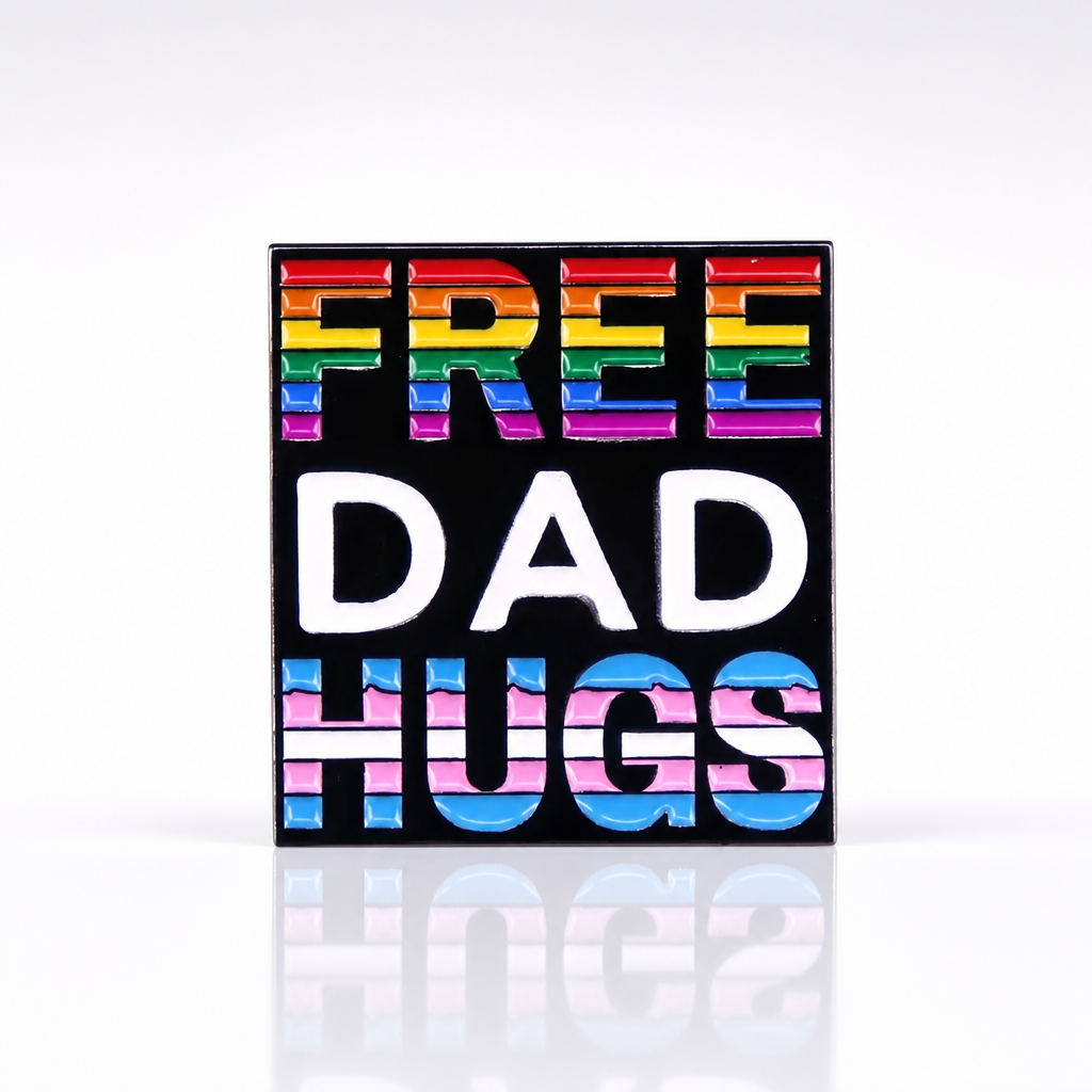 Free Dad Hugs enamel pin with Progress Pride rainbow colors on black background