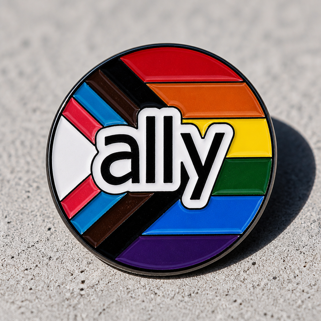 Round Progress Pride enamel pin with “ally” text and rainbow colors on a concrete surface