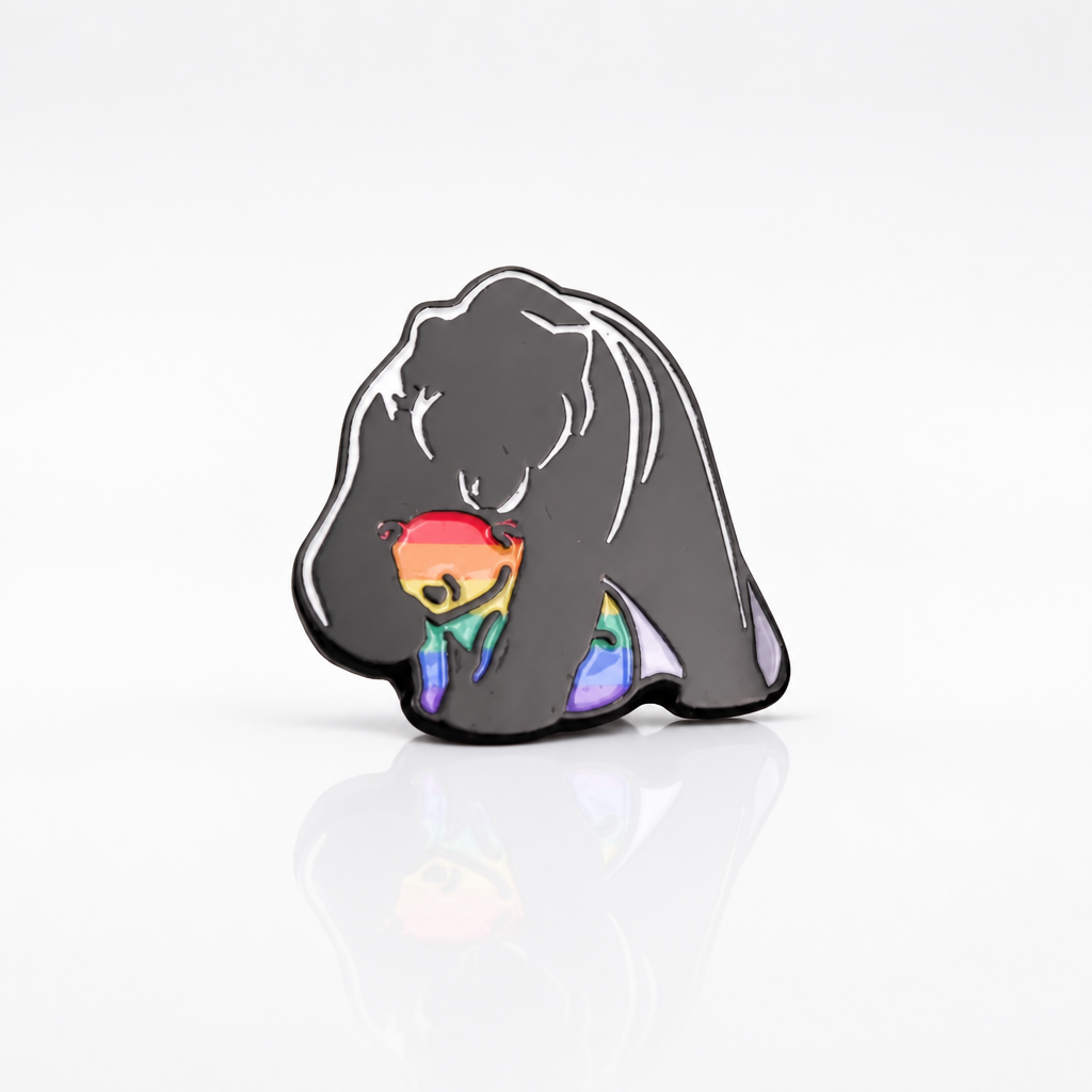 Mama bear enamel pin hugging a small rainbow Pride cub