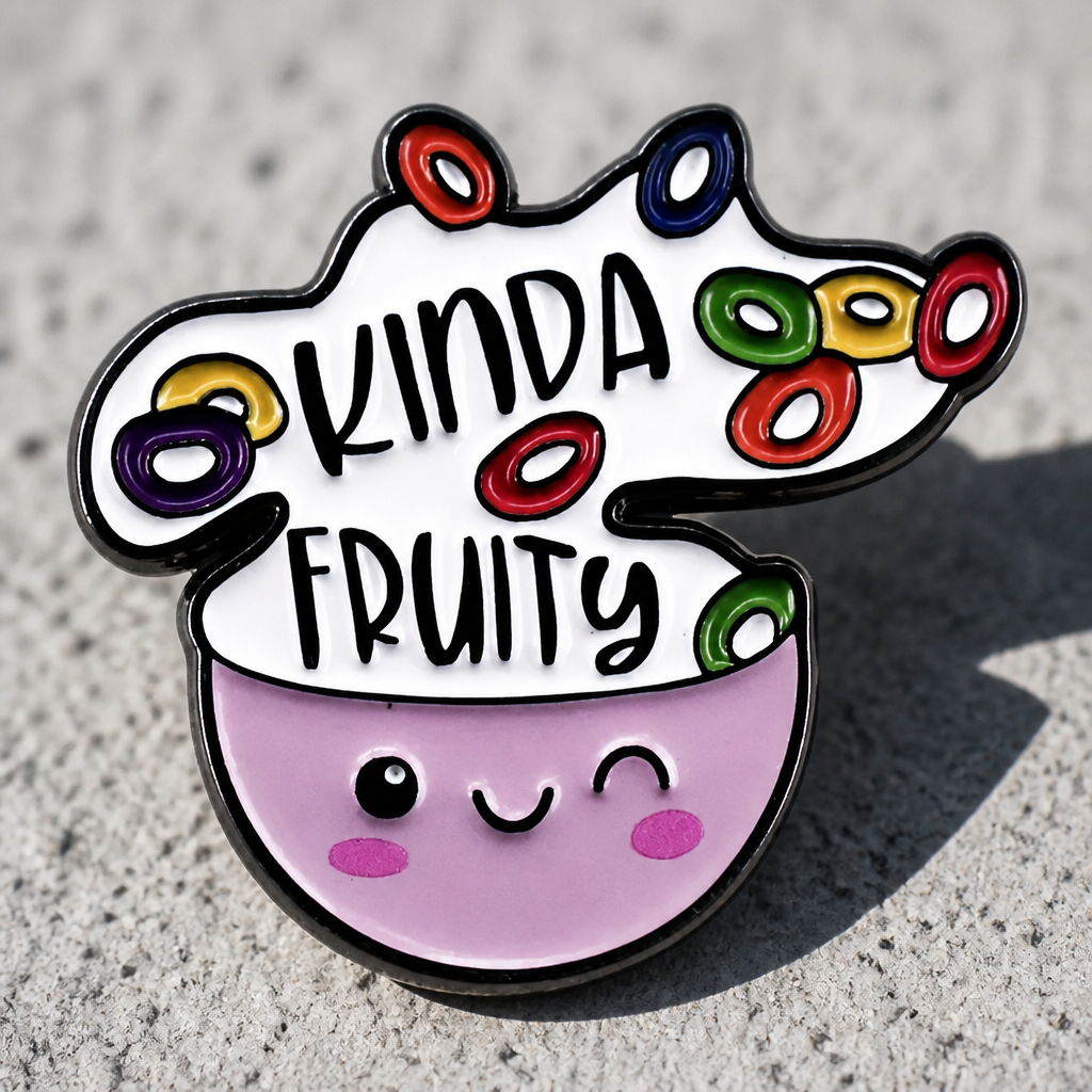 Cute enamel pin featuring smiling cereal bowl and the phrase “Kinda Fruity” on a concrete surface