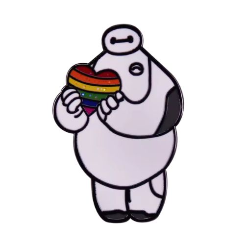 Cute robot companion enamel pin holding glitter rainbow heart