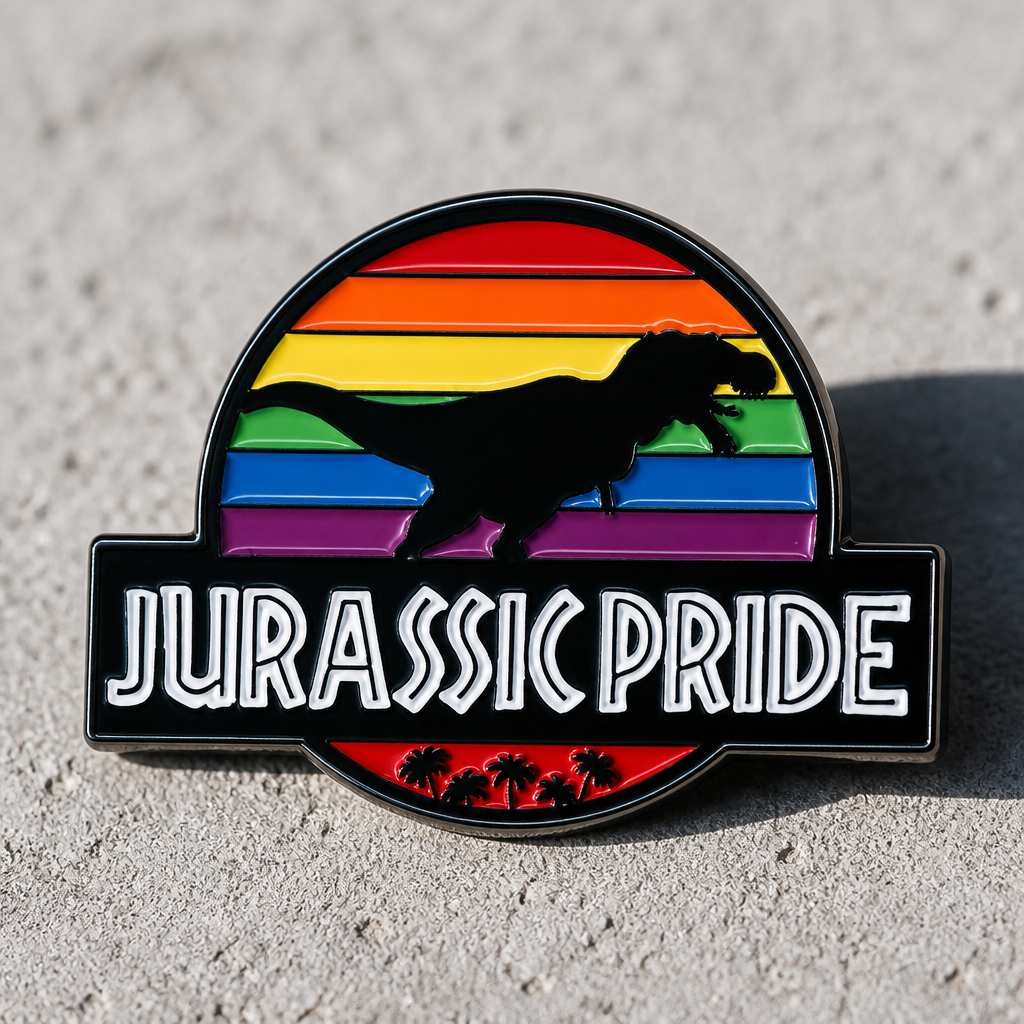 Rainbow dinosaur enamel pin with the phrase “Jurassic Pride” on a concrete surface