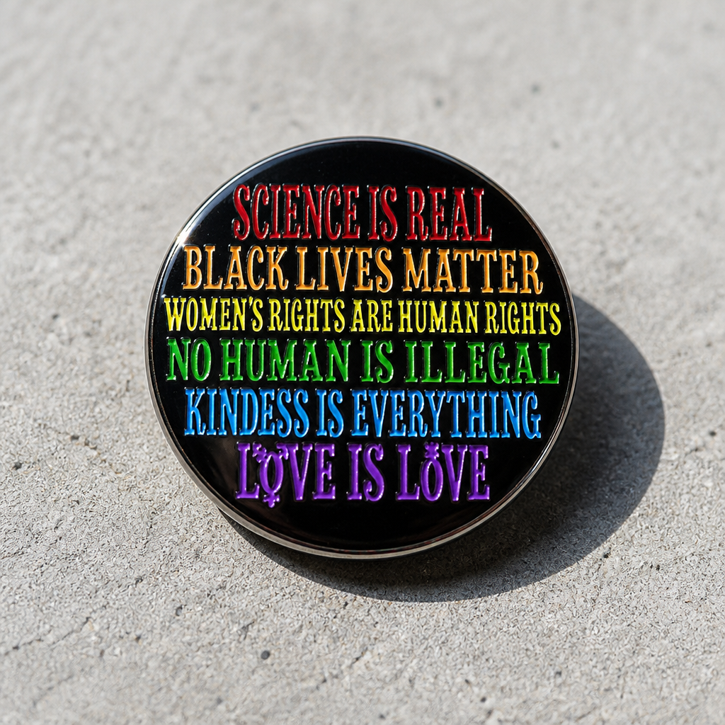 Science Is Real enamel pin with rainbow progressive human rights messaging on a concrete surface