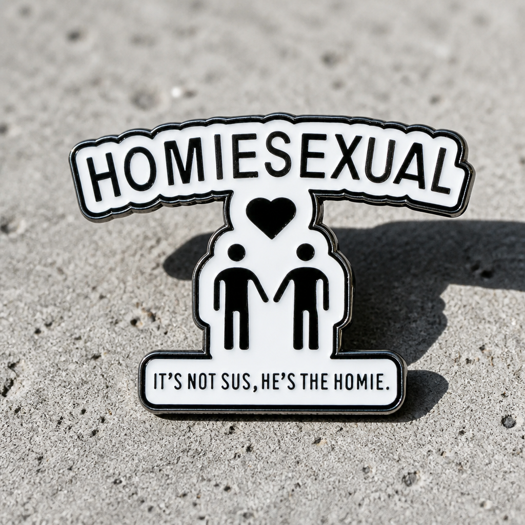 Funny black-and-white enamel pin with the phrase “Homiesexual” and friendship artwork on a concrete surface