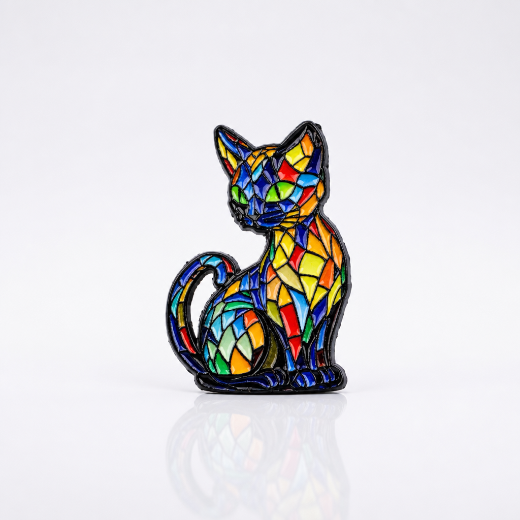 Colorful stained glass style cat enamel pin featuring vibrant mosaic artwork and geometric patterns
