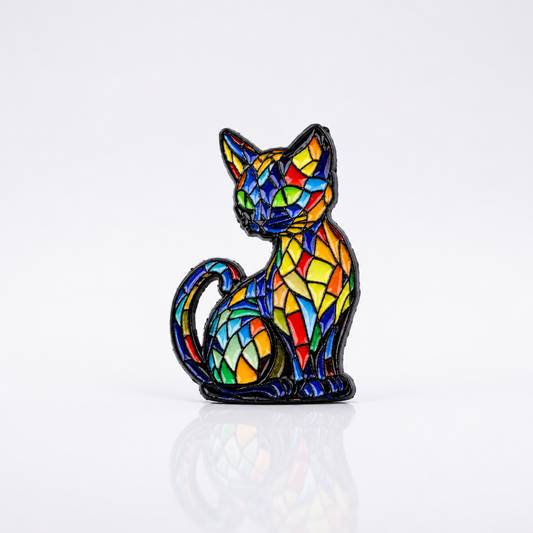 Colorful stained glass style cat enamel pin featuring vibrant mosaic artwork and geometric patterns