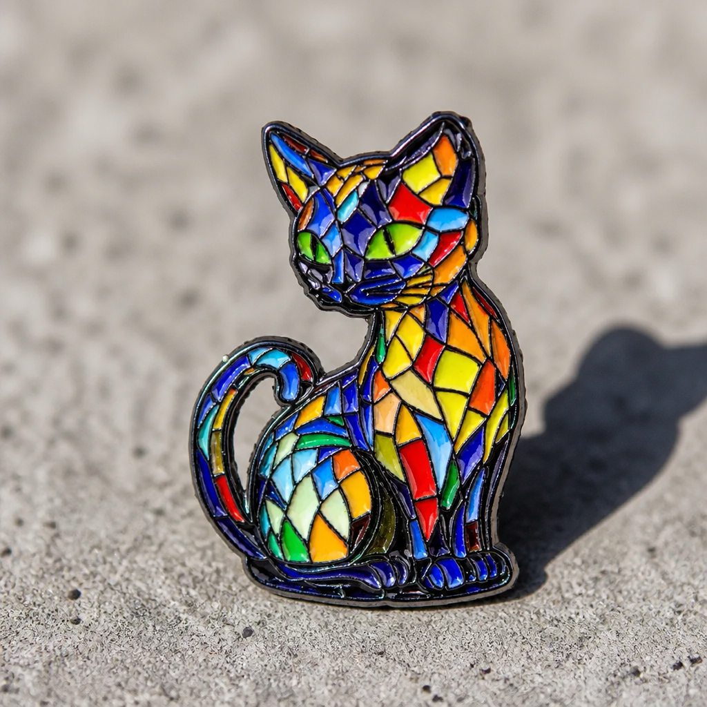 Colorful stained glass style cat enamel pin featuring vibrant mosaic artwork and geometric patterns on a concrete background