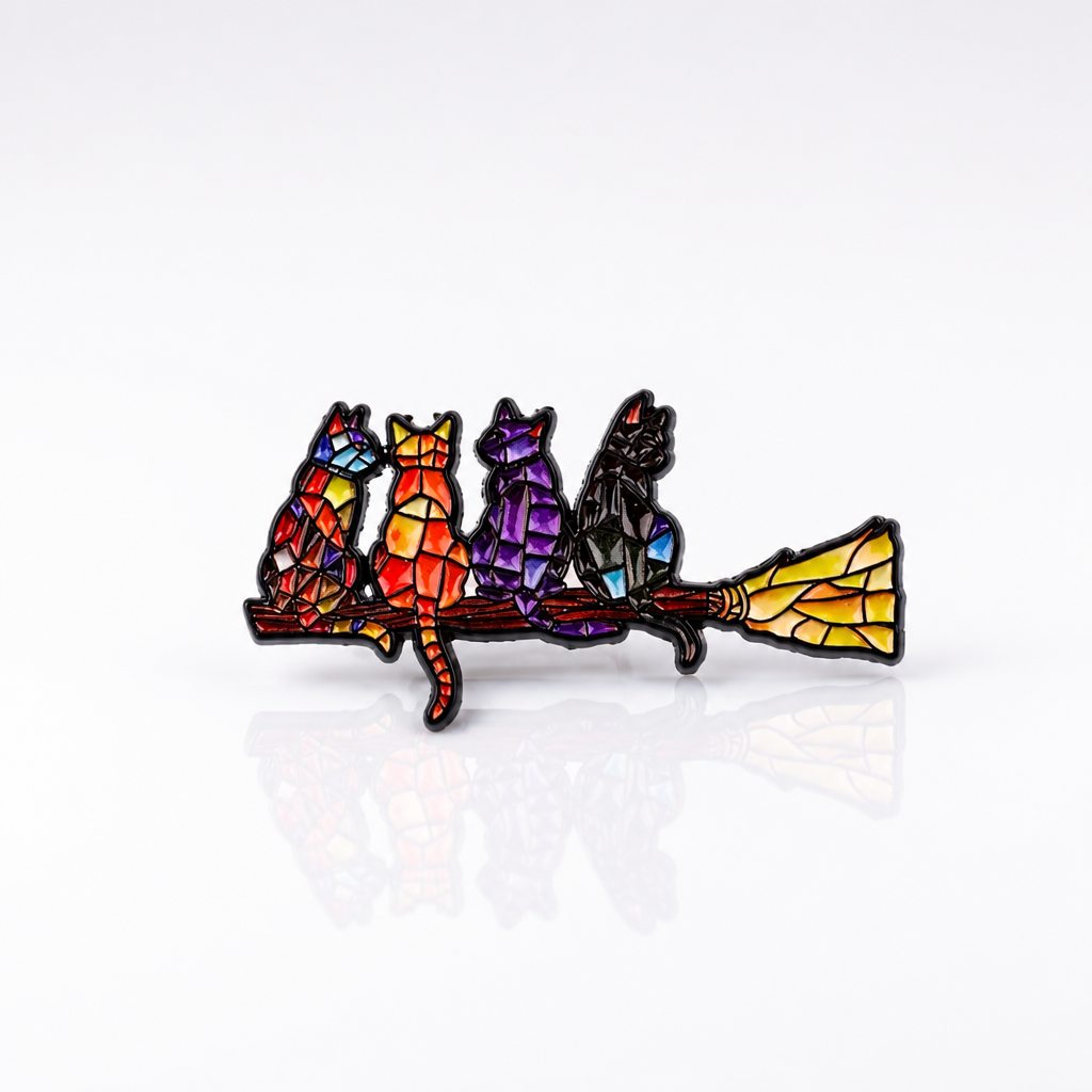 Colorful stained glass style enamel pin featuring cats sitting on a broomstick