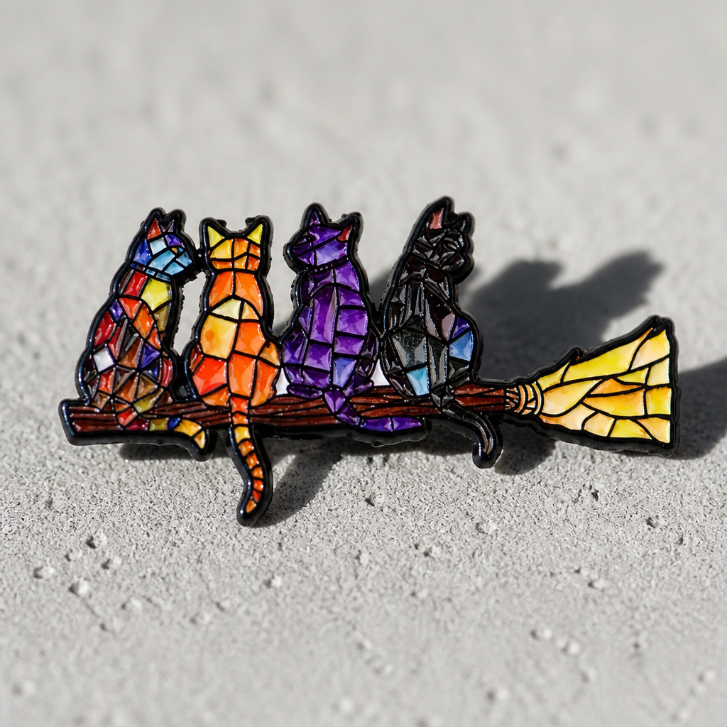 Colorful stained glass style enamel pin featuring cats sitting on a broomstick on a concrete surface