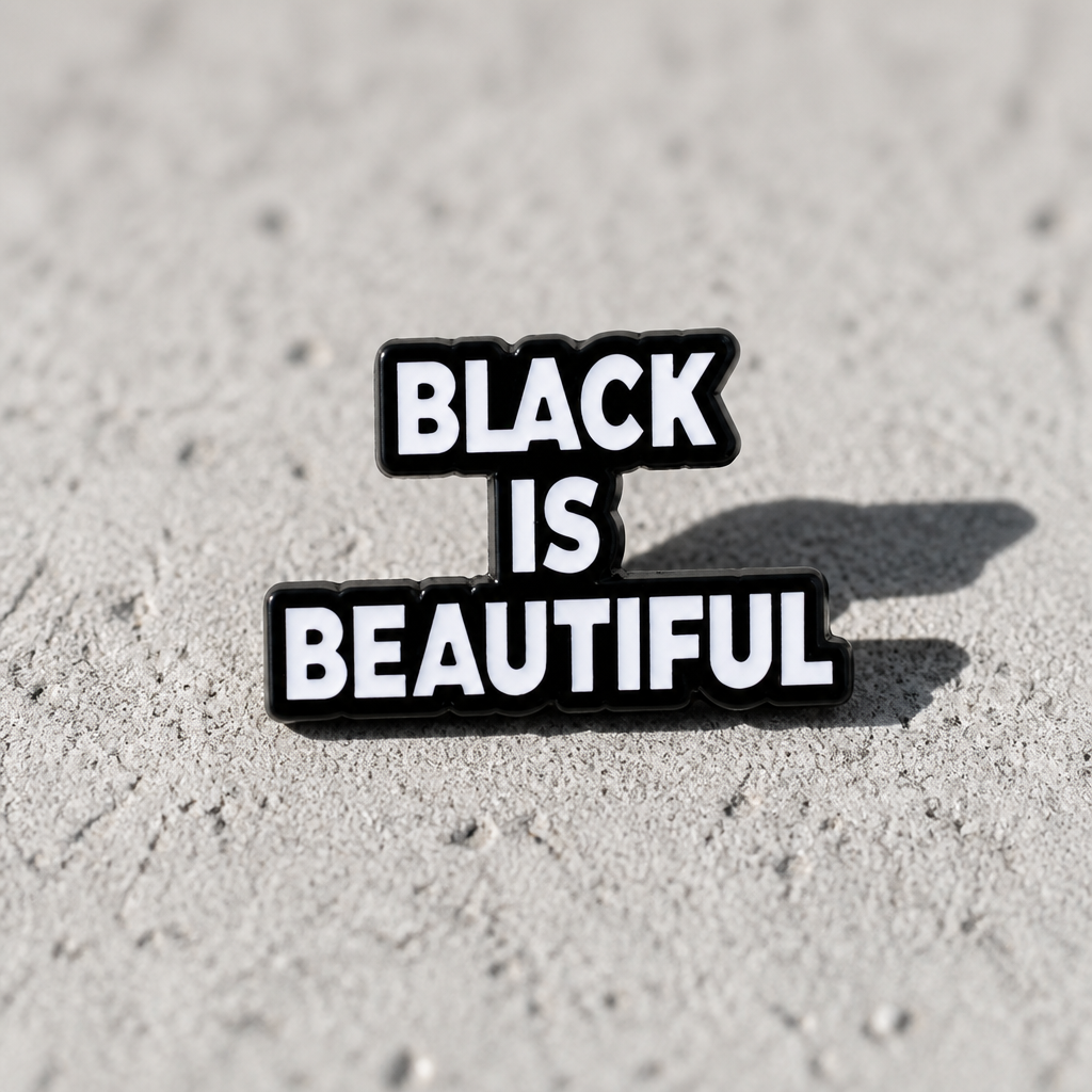 Black-and-white enamel pin reading “Black Is Beautiful” on a concrete surface