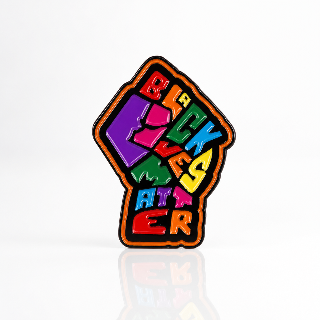 Colorful Black Lives Matter enamel pin with raised fist artwork and rainbow lettering