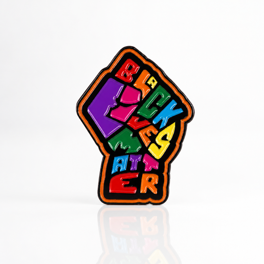 Colorful Black Lives Matter enamel pin with raised fist artwork and rainbow lettering