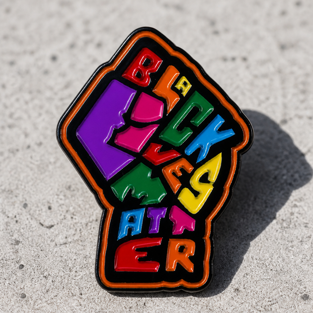 Colorful Black Lives Matter enamel pin with raised fist artwork and rainbow lettering on a concrete surface