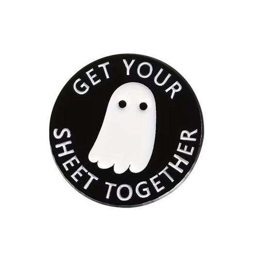 Funny Get Your Sheet Together ghost enamel pin with minimalist spooky ghost design