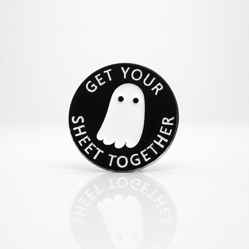 Funny Get Your Sheet Together ghost enamel pin with minimalist spooky ghost design
