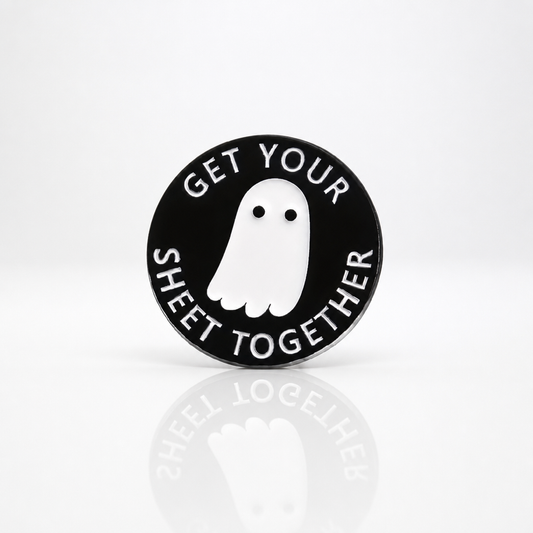 Funny Get Your Sheet Together ghost enamel pin with minimalist spooky ghost design