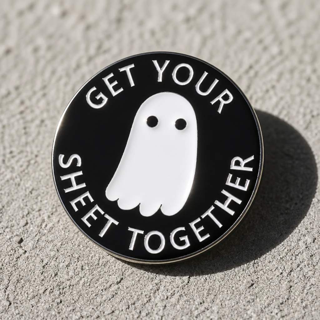 Funny Get Your Sheet Together ghost enamel pin with minimalist spooky ghost design on a concrete surface
