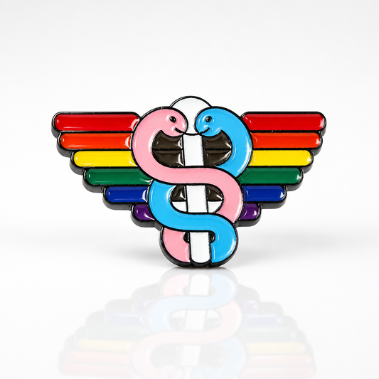 Rainbow and transgender pride caduceus medical enamel pin with winged staff and snakes