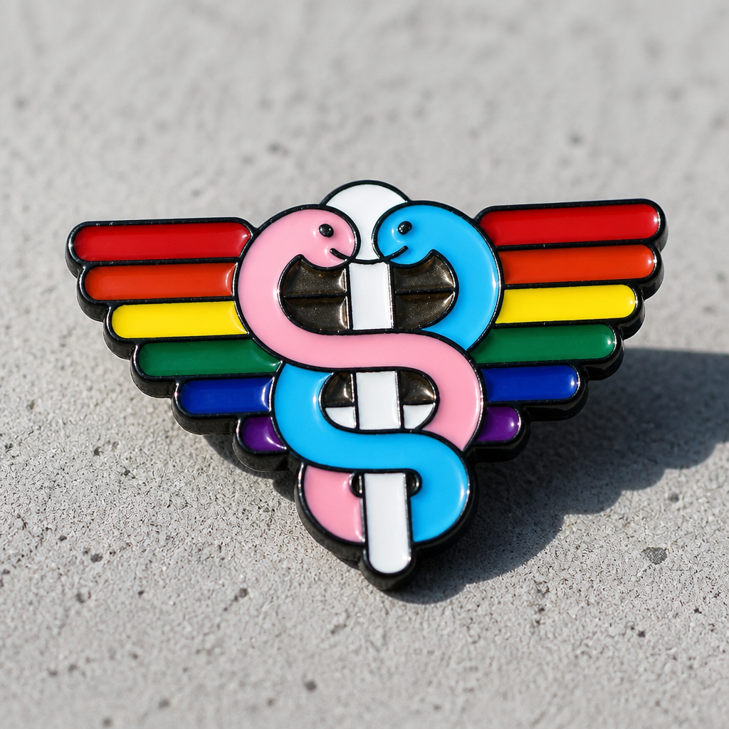 Rainbow and transgender pride caduceus medical enamel pin with winged staff and snakes on a concrete surface