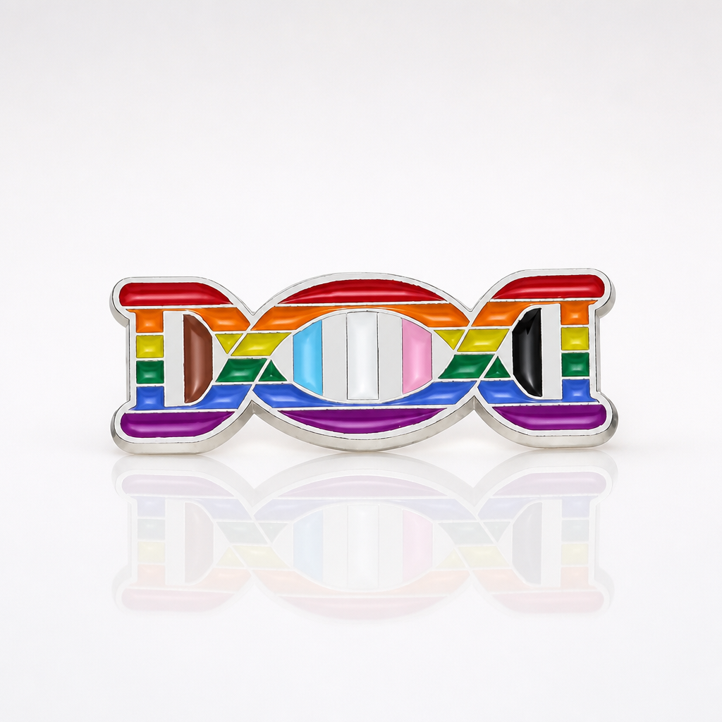 Progress Pride DNA enamel pin featuring rainbow, trans, and Philadelphia Pride flag colors in DNA design