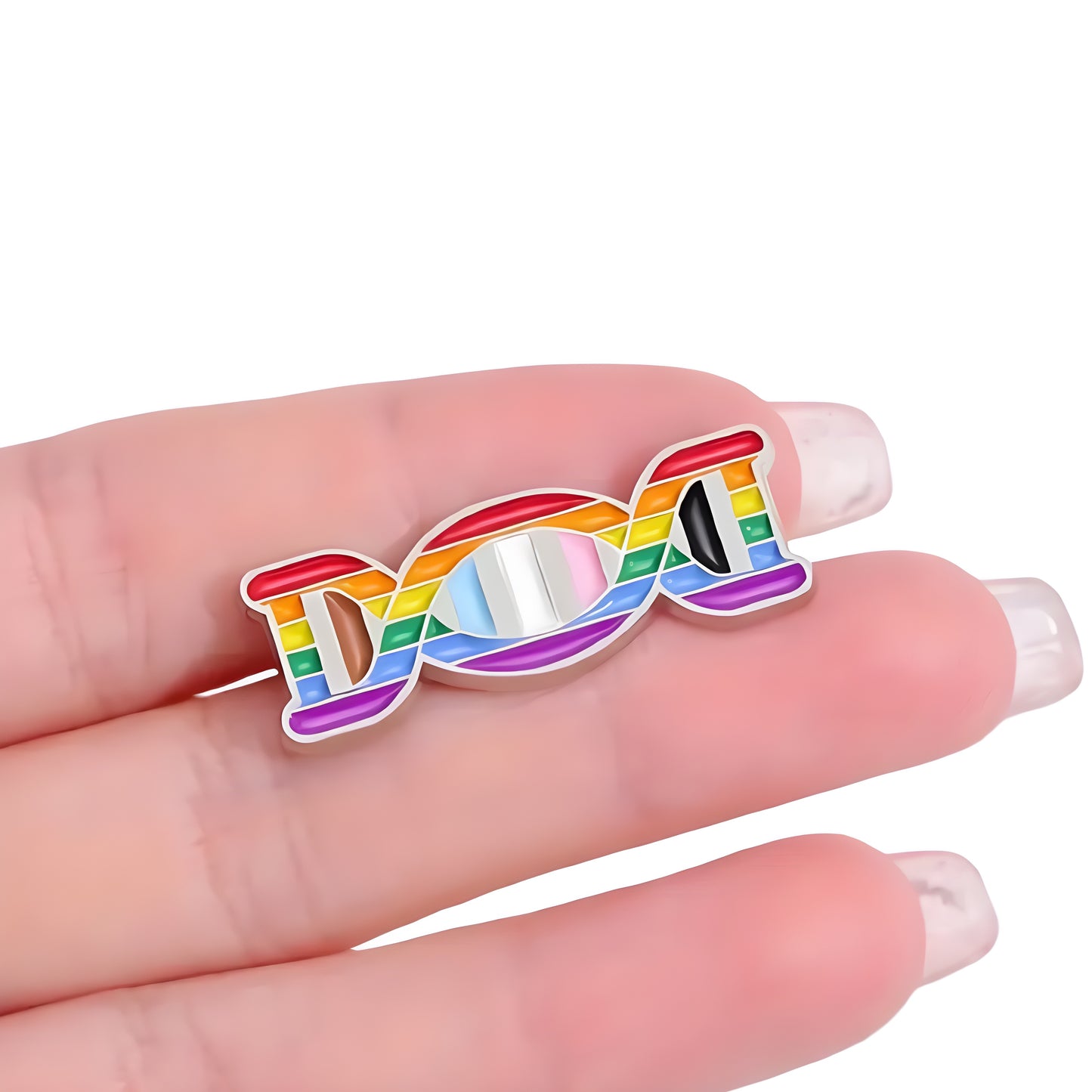 Progress Pride DNA enamel pin featuring rainbow, trans, and Philadelphia Pride flag colors in DNA design held between fingers