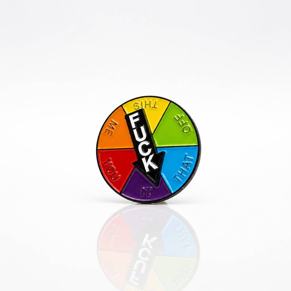 Funny rainbow spinner enamel pin with functional spinning arrow and sarcastic humor design