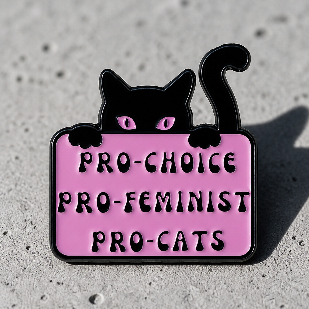 Pro-Choice Pro-Cats enamel pin featuring black cat and feminist statement artwork on a concrete surface