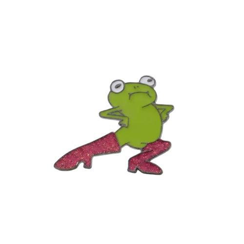 Cute frog enamel pin wearing glittery pink thigh-high boots