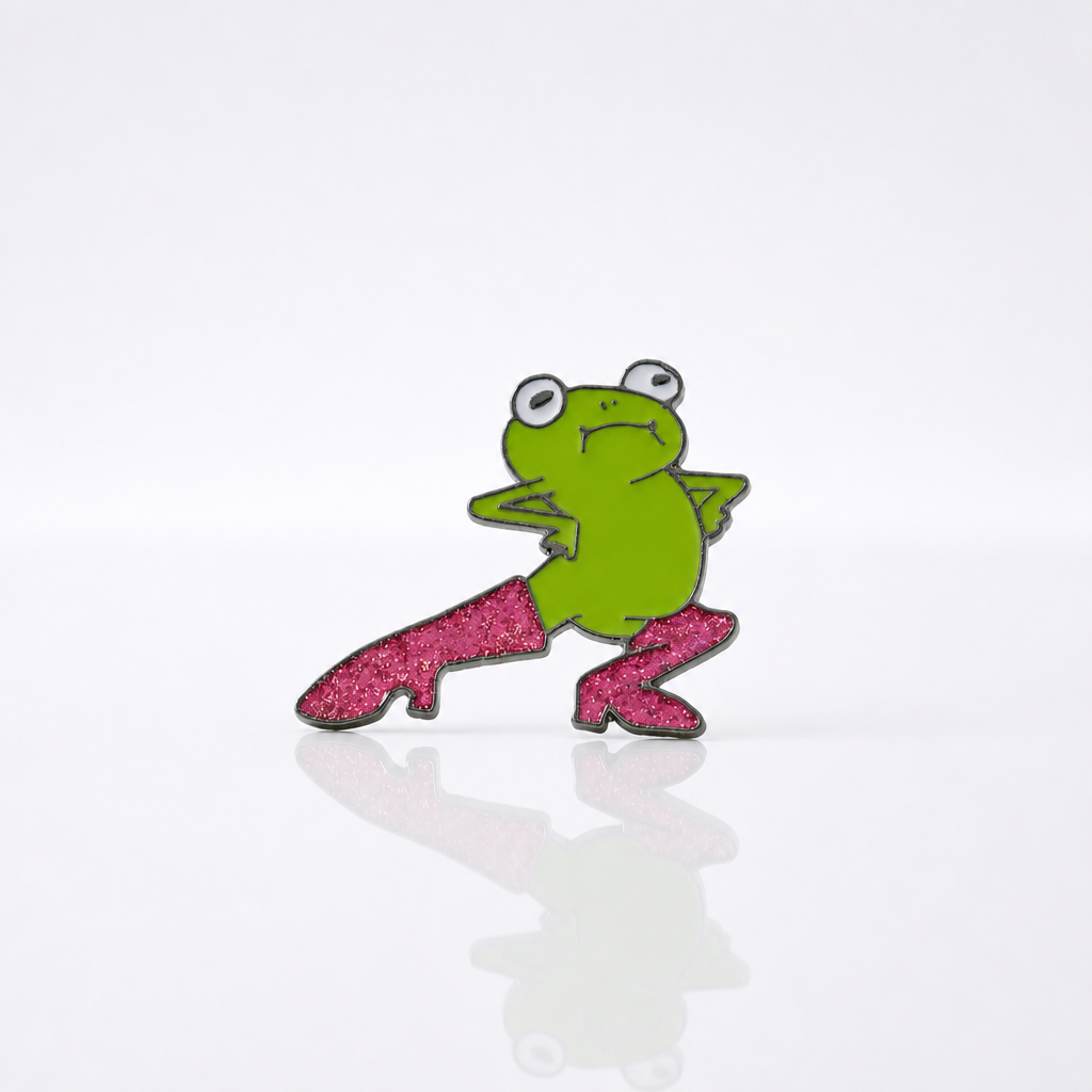 Cute frog enamel pin wearing glittery pink thigh-high boots