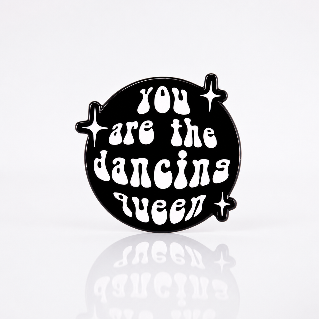 Retro Dancing Queen enamel pin with bold disco-inspired lettering and sparkles