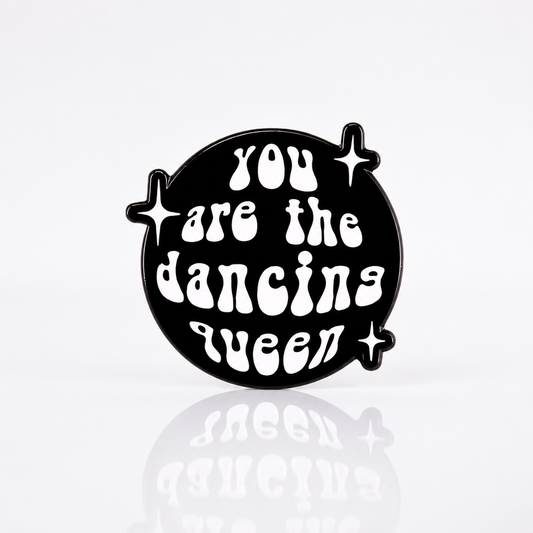 Retro Dancing Queen enamel pin with bold disco-inspired lettering and sparkles