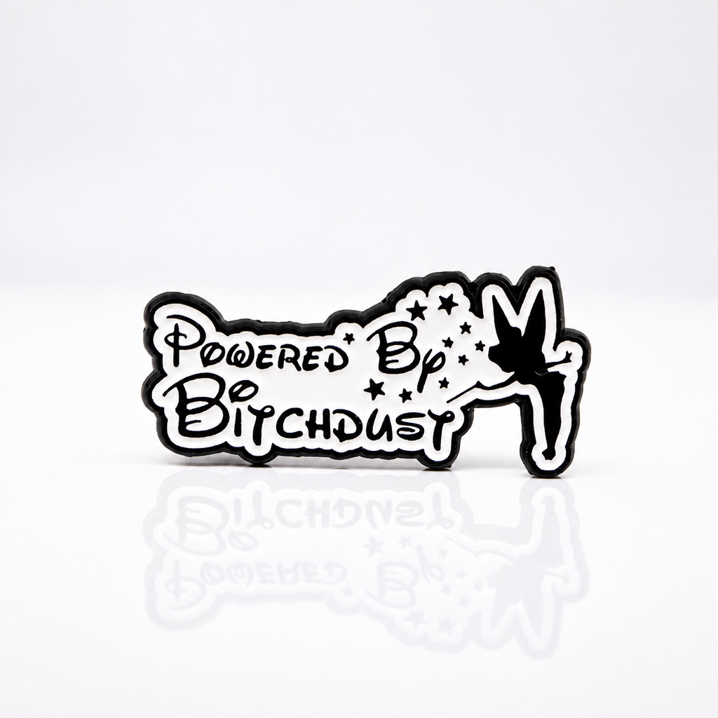 Powered by Bitchdust enamel pin with fairy-inspired magical parody artwork