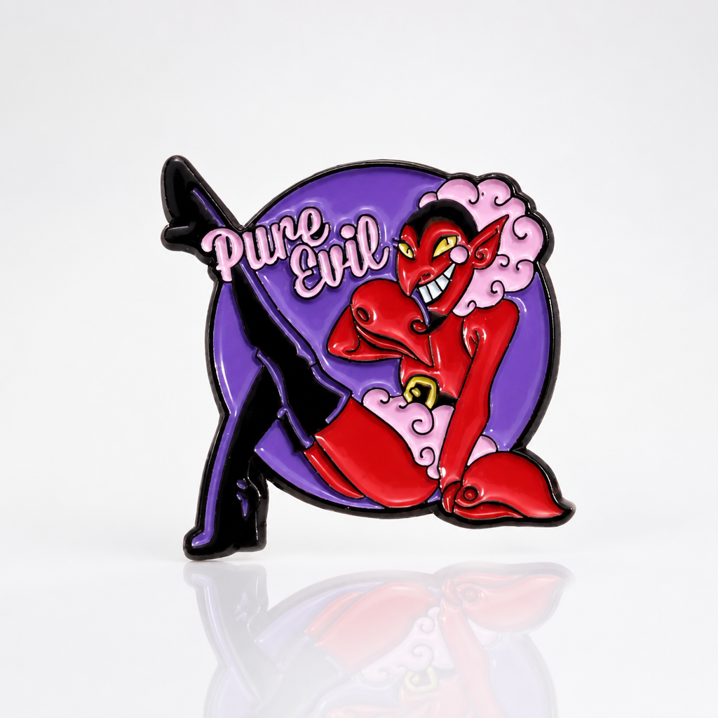 Pure Evil Devil in Drag enamel pin featuring glamorous red devil pin-up artwork