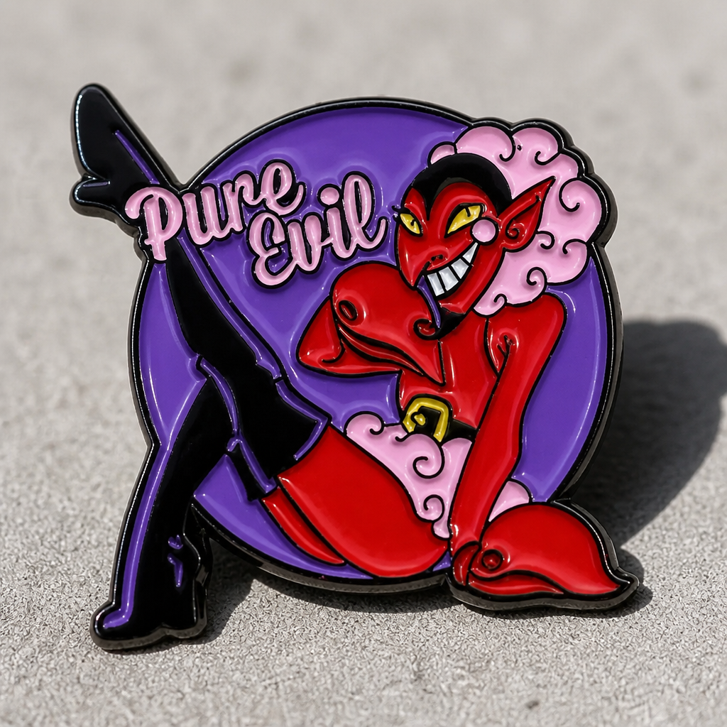 Pure Evil Devil in Drag enamel pin featuring glamorous red devil pin-up artwork on a concrete surface