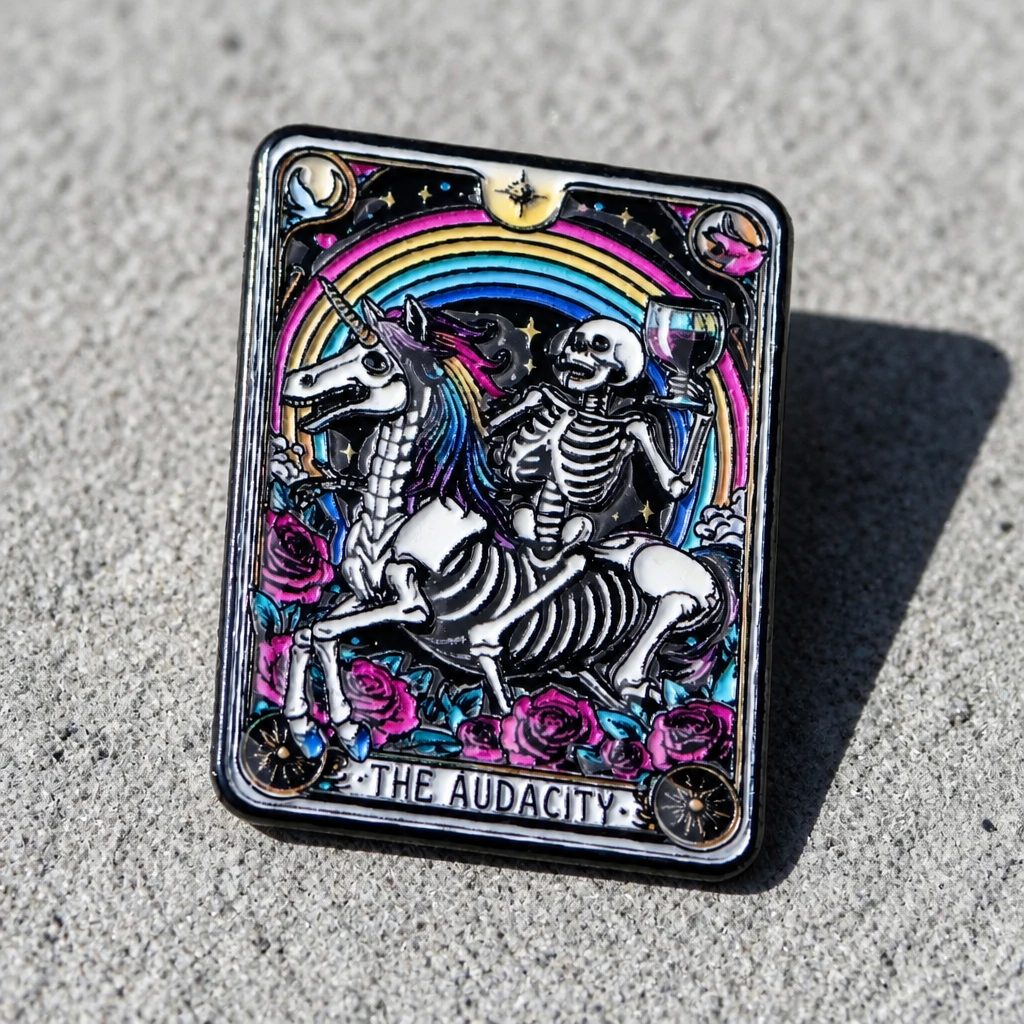 Tarot-inspired enamel pin featuring a skeleton riding a unicorn beneath a rainbow with The Audacity text on a concrete surface