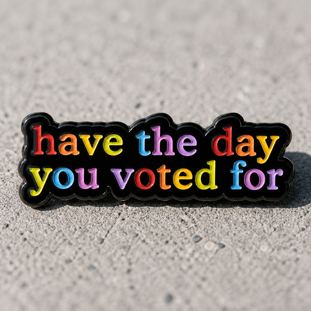 Rainbow enamel pin with “Have The Day You Voted For” text on a concrete surface